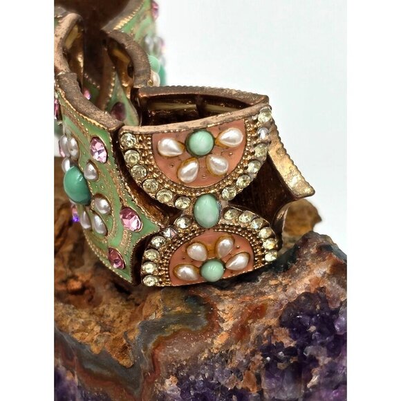 Vintage Enamel Panel Stretch Bracelet Mint Green Peach Costume Jewelry - Picture 4 of 8
